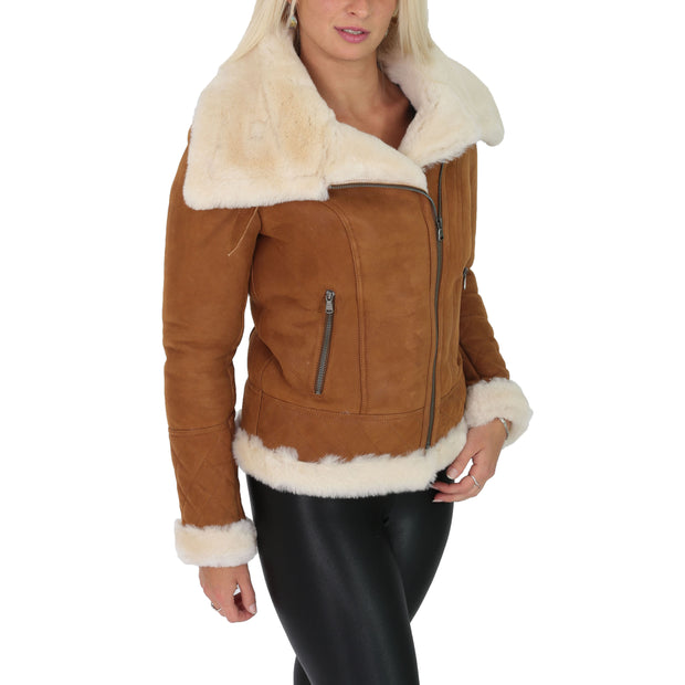 Super Luxurious Womens Real Sheepskin Jacket Aviator Coat Alexa Tan