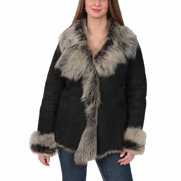 Womens Fitted Genuine Toscana Real Sheepskin Coat Pearl Black Front