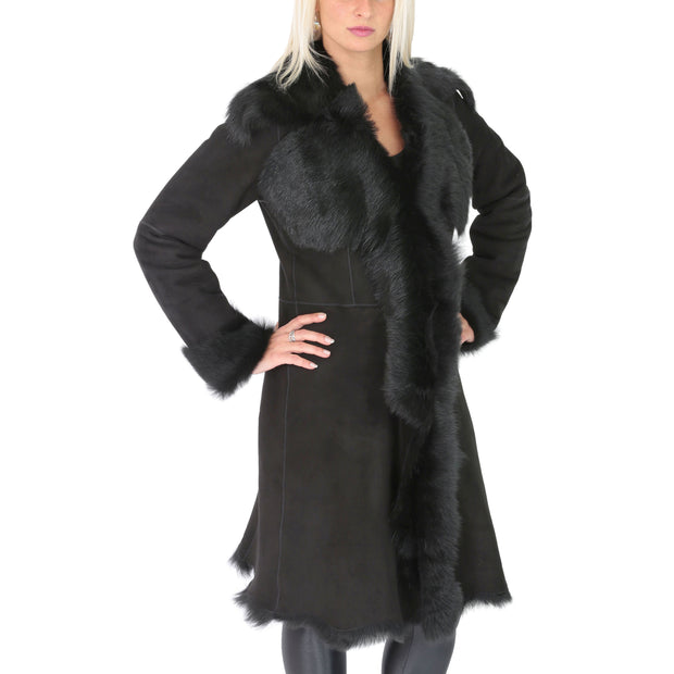 Womens Luxurious Toscana Long Coat Real Sheepskin Pamela Black