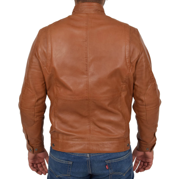 Mens Genuine Leather Biker Jacket Fitted Zip Up Coat Felix Tan Back