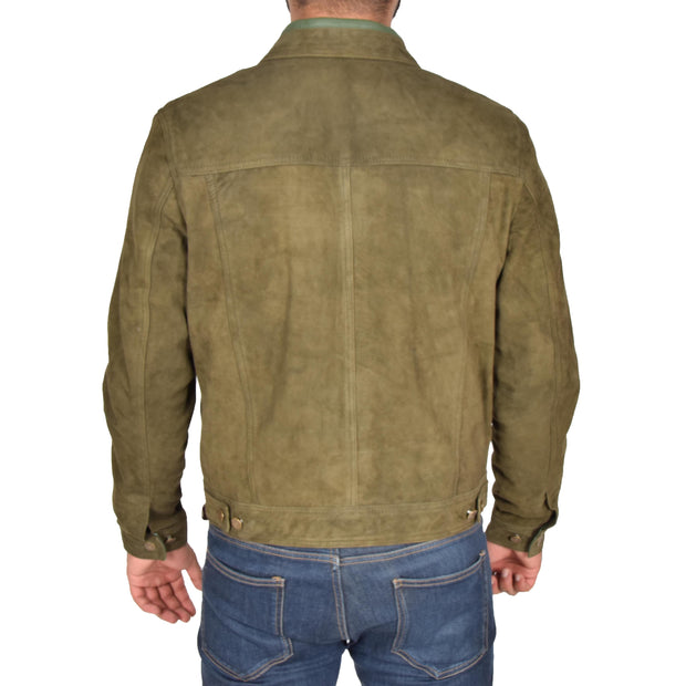 Mens Real Soft Goat Suede Trucker Denim Style Jacket Chuck Green Back