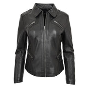 Ladies Soft Leather Jacket Fitted Collared Zip Fasten Biker Style Leah Black