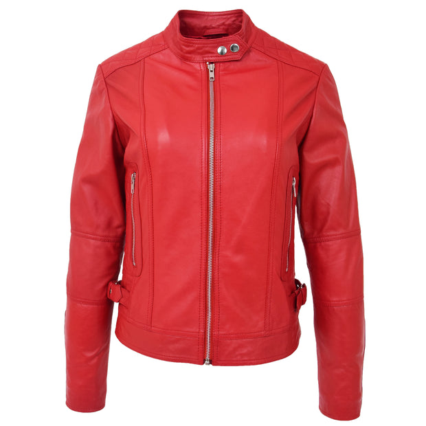Womens Soft Red Leather Biker Jacket Designer Stylish Fitted Quilted Celeste Front