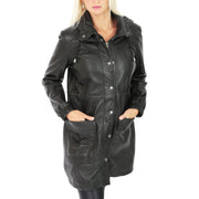 Ladies Duffle Leather Coat 3/4 Long Detachable Hood Classic Parka Jacket Liza Black Front 1