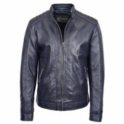 Mens Soft Real Leather Biker Style Jacket Band Collar Zip Fasten ASHER Navy 1
