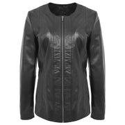 Womens Collarless Black Leather Jacket Round Neck Semi Fit Chelo Front