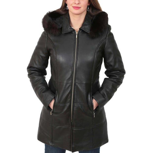 Womens Quilted 3/4 Long Parka Leather Coat with Hood Kelly Black