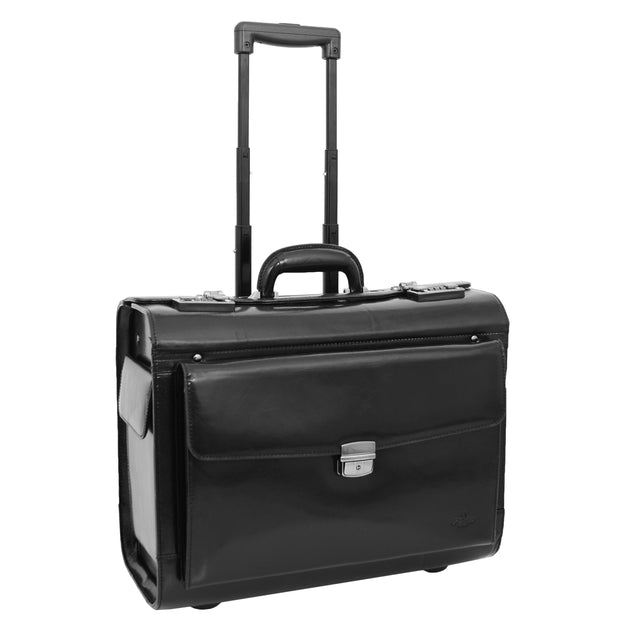Exclusive Real Black Leather Pilot Case Wheeled Cabin Bag Briefcase London