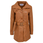 Womens Real Leather Mid Length Trench Parka Coat Alba Tan