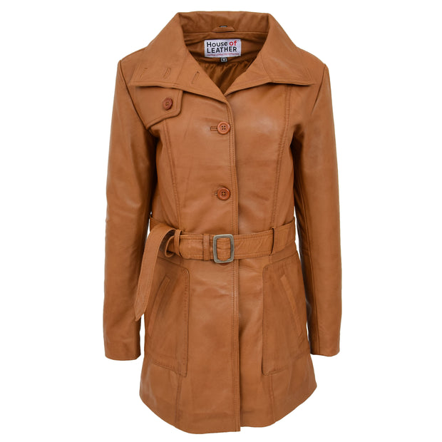 Womens Real Leather Mid Length Trench Parka Coat Alba Tan