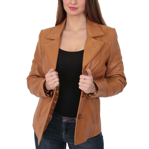 Ladies Leather Blazer Coat Fitted Classic Hip Length Jacket Judy Tan