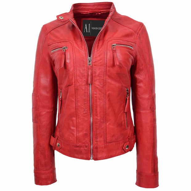 Womens Soft Leather Biker Jacket Red Casual Fitted Trendy Stylish Zoe