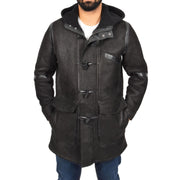 Mens Genuine Sheepskin Duffle Coat 3/4 Long Hooded Jacket Ace Black