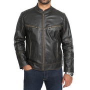 Mens Biker Style Leather Jacket Vintage Rub Off Effect Matt Brown main view