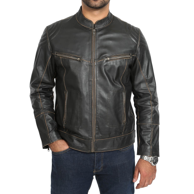 Mens Biker Style Leather Jacket Vintage Rub Off Effect Matt Brown main view