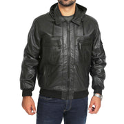 Mens Hooded Bomber Leather Jacket Seth Black zip fasten view