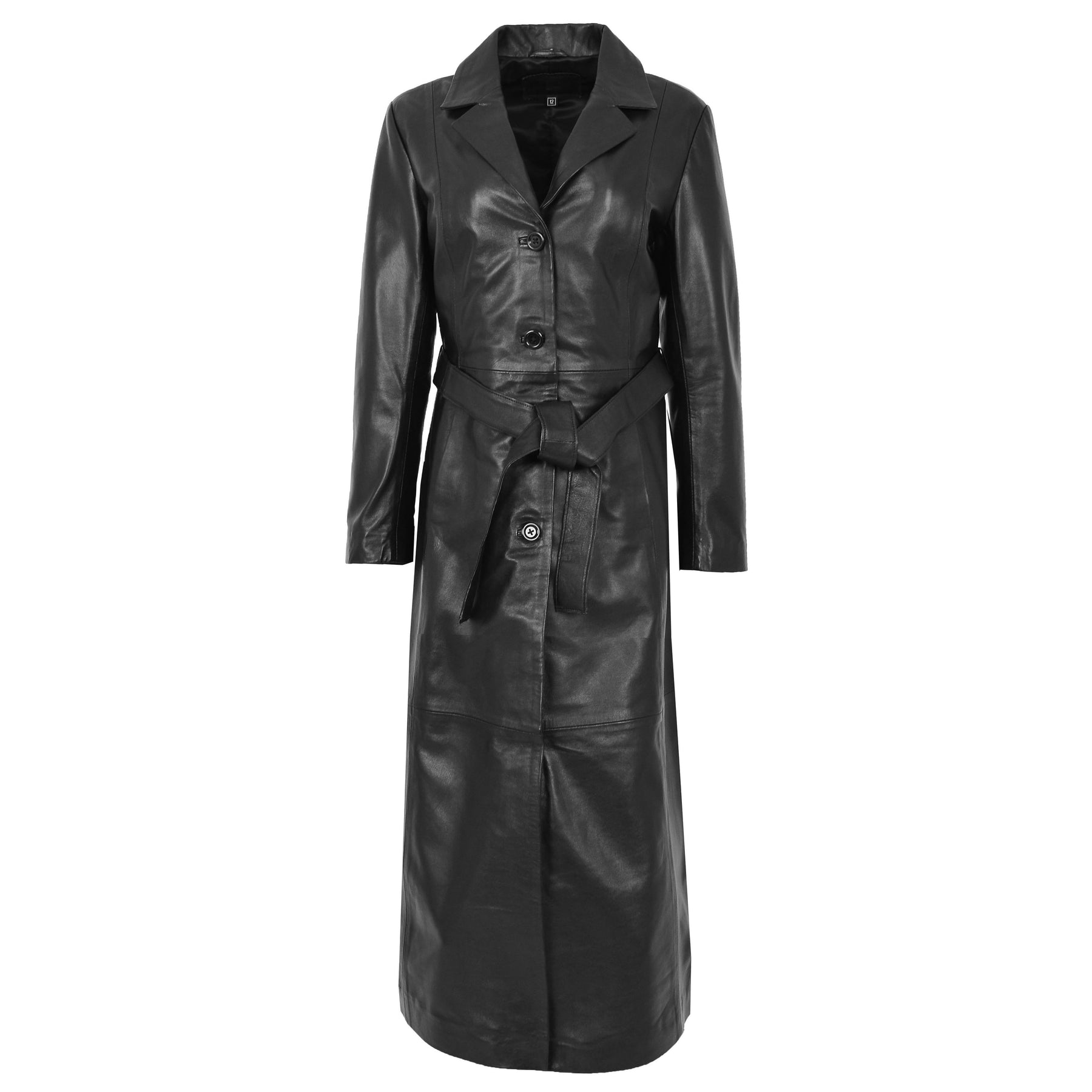 Womens Black Leather Full Length Overcoat Matrix A1 Fashion Goods