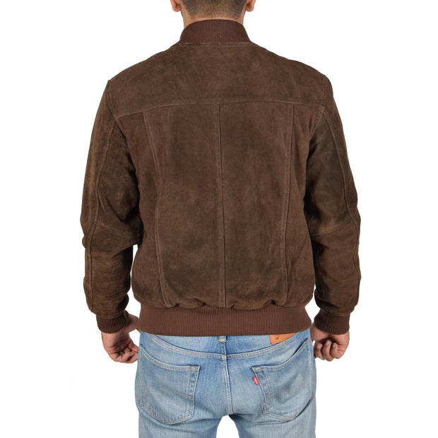 Mens Genuine Suede Bomber Jacket Roco Brown Back