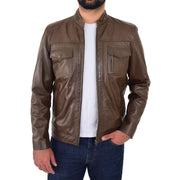 Mens Biker Leather Jacket Timber Brown Soft Nappa Fitted Standing Collar Tats Open 1