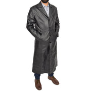 Mens Leather Overcoat Full Length Trench Coat Blade Black