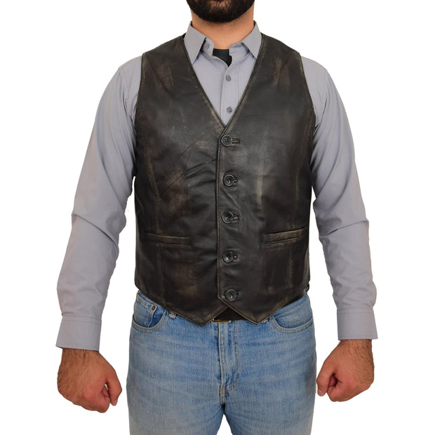 Mens Full Leather Waistcoat Rub Off Gilet Traditional Smart Vest King Front