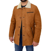 Mens Genuine Sheepskin Jacket Shearling 3/4 Long Coat Hank Cognac Open 1