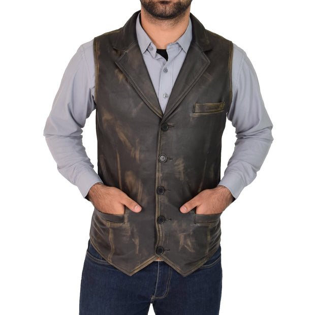 Mens Genuine Soft Leather Waistcoat Western Vest Yelek Rhys Rub Off