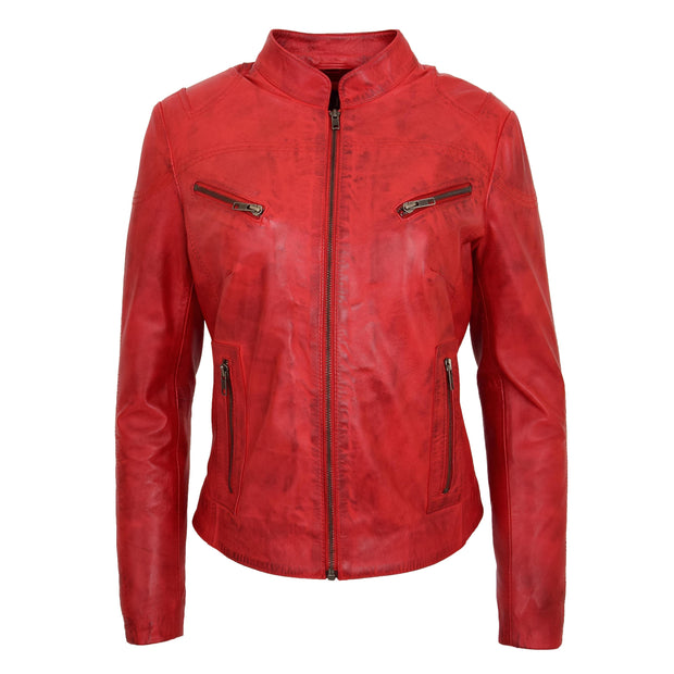 Womens Fitted Leather Biker Jacket Casual Zip Up Coat Jenny Red