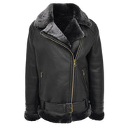 Womens Real Sheepskin Jacket Black X-Zip Aviator Belted Shearling Coat Willow