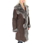 Womens Luxurious Toscana Long Coat Real Sheepskin Pamela Brown Front