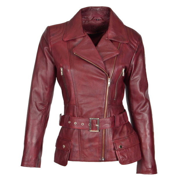 Womens Biker Leather Jacket Slim Fit Cut Hip Length Coat Coco Burgundy