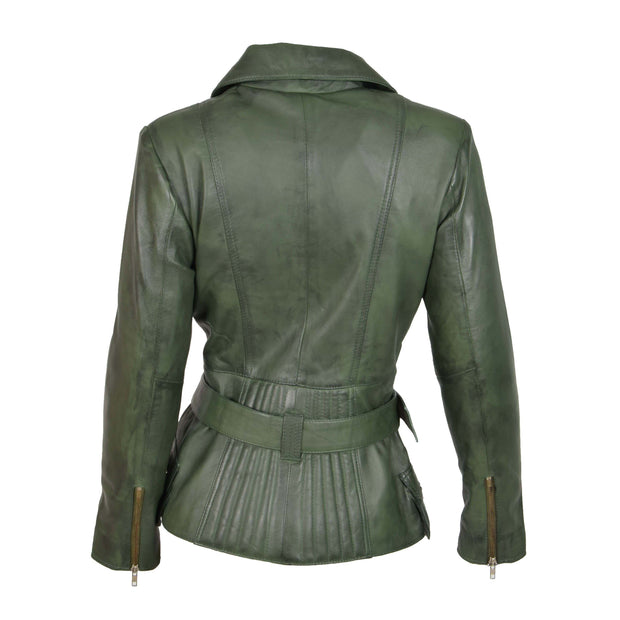 Womens Biker Leather Jacket Slim Fit Cut Hip Length Coat Coco Green Back