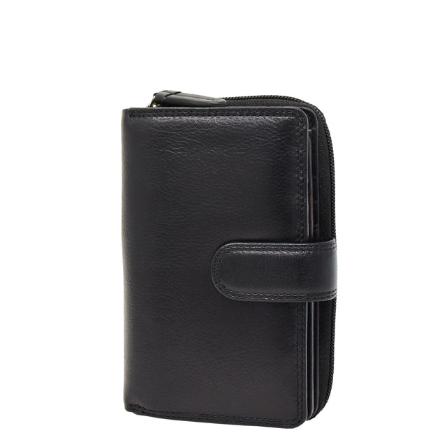 Womens Leather Clutch Wallet Zip Around Purse AV33 Black Front