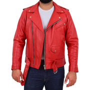 Genuine Cowhide Biker Jacket Heavy Duty Leather Brando Retro Coat Rock Red Open 1
