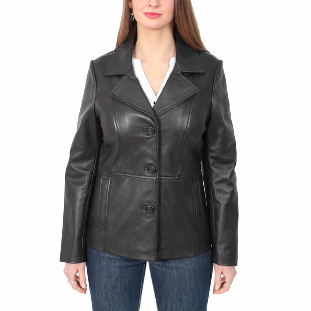 Ladies Leather Blazer Coat Fitted Classic Hip Length Jacket Judy Black