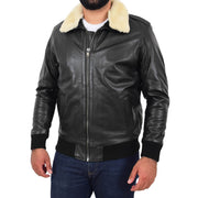 Mens Genuine Cowhide Pilot Leather Jacket Sheepskin Collar Bomber Dylan Black Front 3