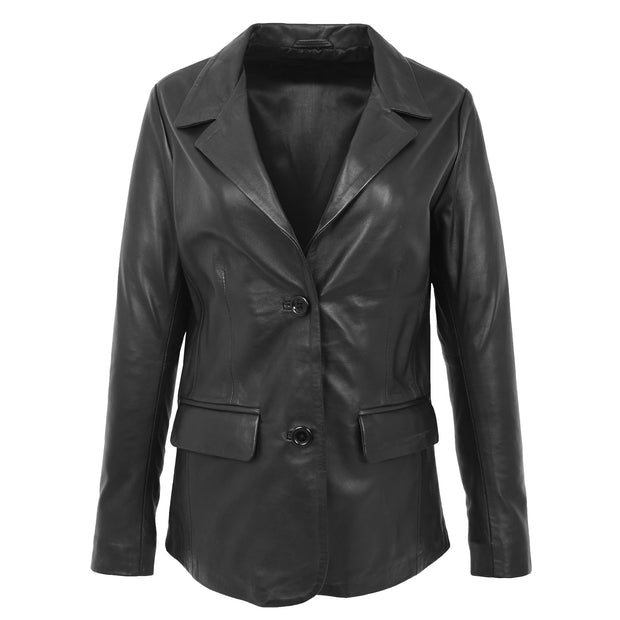 Womens Black Leather Blazer Classic Suit Dinner Jacket Style Coat Alana