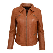 Ladies Soft Leather Jacket Fitted Collared Zip Fasten Biker Style Leah Tan