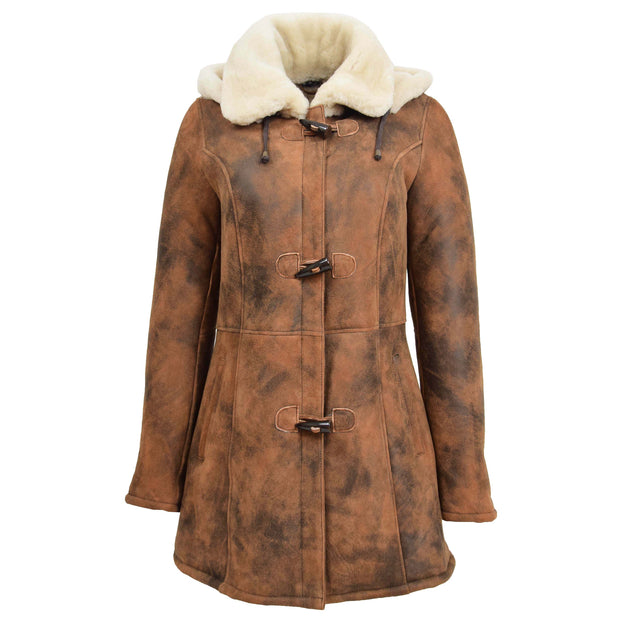 Womens Real Sheepskin Duffle Coat Hooded Shearling Jacket Armas Cognac Front 1