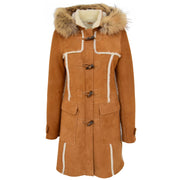 Womens Genuine Sheepskin Duffle Coat Hooded Shearling Jacket Evie Tan