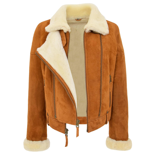 Womens Real Sheepskin Jacket Cognac Merino Shearling Coat Poppy Open