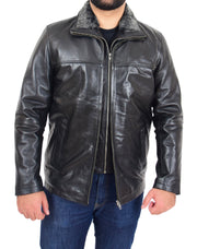 Mens Soft Black Nappa Leather Jacket Zip Box Detachable Front Collar Regular Fit Derek