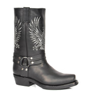 Real Leather Square Toe Cowboy Biker Boots AE33 Black
