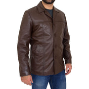 Mens Casual Leather Jacket Hip Length Brown Reefer Blazer Coat Harold