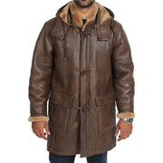 Mens Genuine Sheepskin Duffle Coat 3/4 Long Hooded Jacket Mitchel Brown