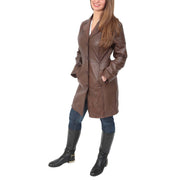Womens 3/4 Button Fasten Leather Coat Cynthia Brown Full 1