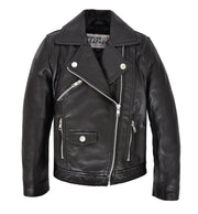 Girls Kids Black Biker Real Leather Jacket Zip Fasten Coat 2-12 Years