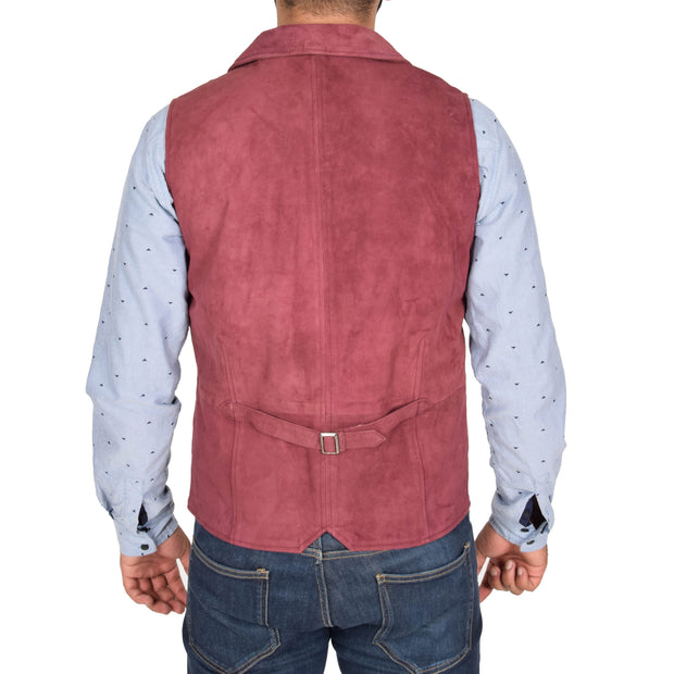 Mens Real Suede Leather Waistcoat Classic Vest Yelek Status Burgundy Back