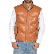 Mens Quilted Leather Waistcoat Body Warmer Gilet Jeff Tan Front