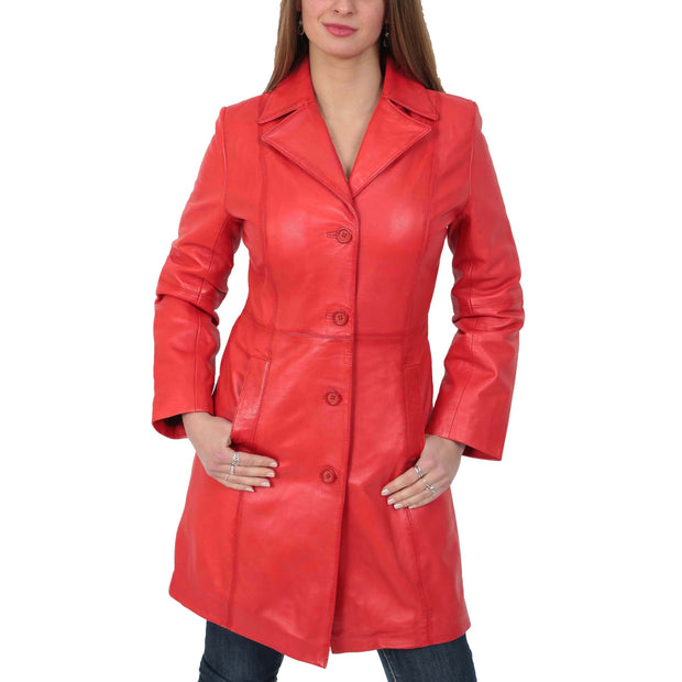 Womens 3/4 Button Fasten Leather Coat Cynthia Red